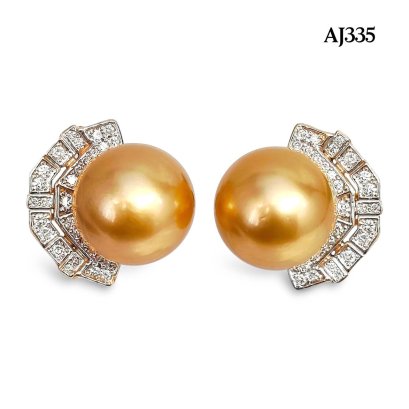 14.0 mm and 14.1 mm, Gold South Sea Pearl, Six Prongs Moissanite Marquise Shape Dangle Pearl Stud Earrings