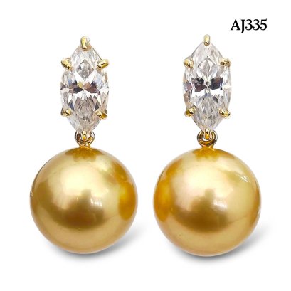 14.0 mm and 14.1 mm, Gold South Sea Pearl, Six Prongs Moissanite Marquise Shape Dangle Pearl Stud Earrings