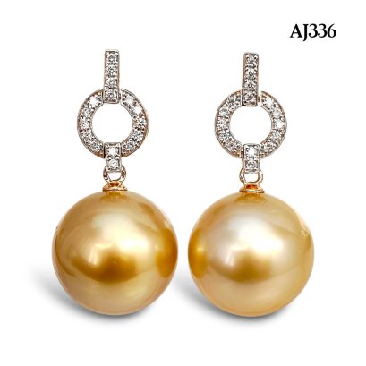 15.4 mm and 15.3 mm, Gold South Sea Pearl, Donut Hinge Diamond Paved Dangle Pearl Stud Earrings
