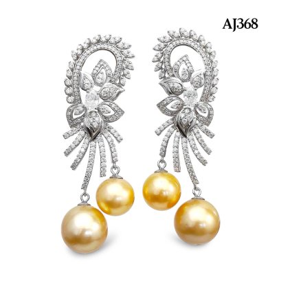 (GRA) Approx. 11.0 - 13.0 mm, Gold South Sea Pearl, PAYA NAKA Double Dangle Pearls Stud Earrings