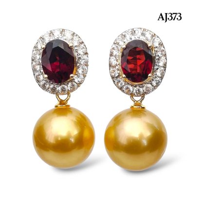 12.0 mm and 12.1 mm, Gold South Sea Pearl, Oval Shape Garnet Halo White Zircon Dangle Pearl Stud Earrings
