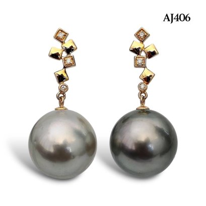 Approx. 14.2 mm, Grand Pearl Lot, Tahitian Pearl, Diamond Bricks Dangle Pearl Stud Earrings