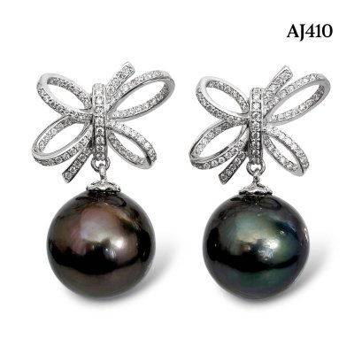 Approx. 15.0 mm up, Tahitian Pearl, Bow Moissanite Paved Dangle Pearl Stud Earrings