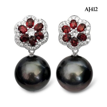 Approx. 15.0 mm, Tahitian Pearl, Flower Garnet Halo White Zircon Dangle Pearl Stud Earrings