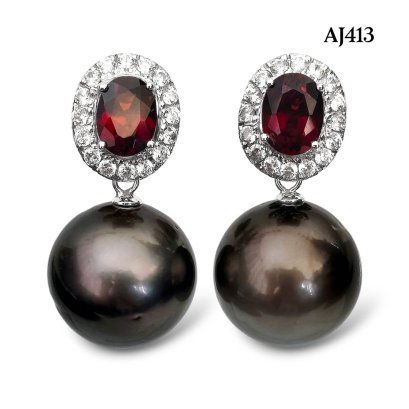 Approx. 15.2 mm, Tahitian Pearl, Garnet Halo White Topaz Dangle Pearl Stud Earrings