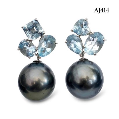 Approx. 15.0 mm, Tahitian Pearl, Fancy Shape Aquamarine Dark Dangle Pearl Stud Earrings