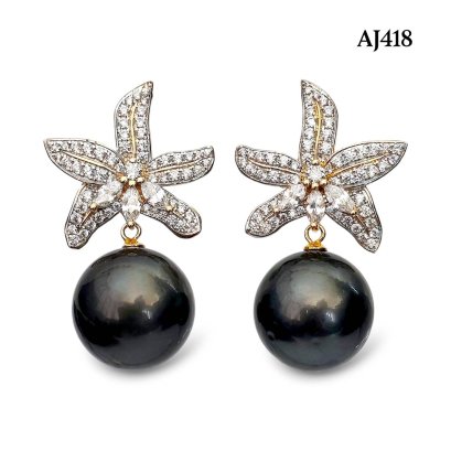 Approx. 14.0 - 15.0 mm, Tahitian Pearl, Lilly CZ Paved Dangle Pearl Stud Earrings