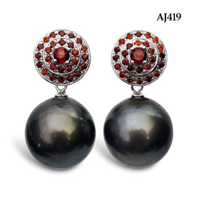 15.6 mm and 15.8 mm, Tahitian Pearl, Garnet Funnel Pearl Stud Earrings