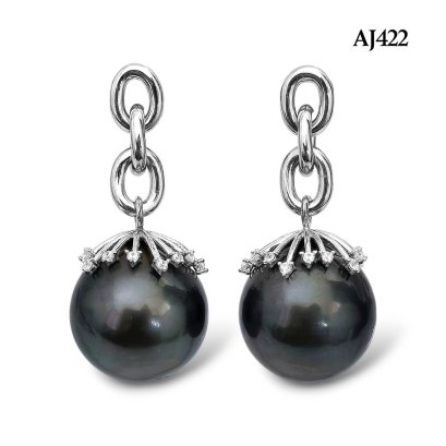 Approx. 15.6 mm, Tahitian Pearl, Link Chain Dangle Pearl Icicle CZ Cap Stud Earrings