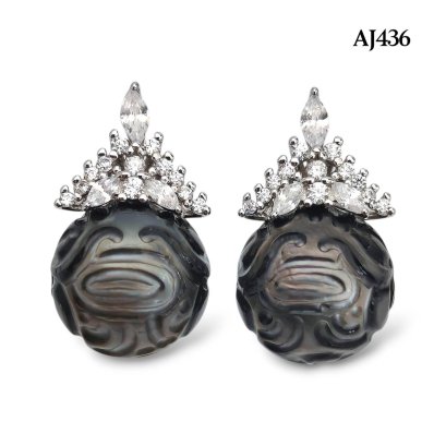 10.95 mm and 11.04 mm, Tattoo Pearl, Tahitian Pearl, Crown CZ Pearl Stud Earrings