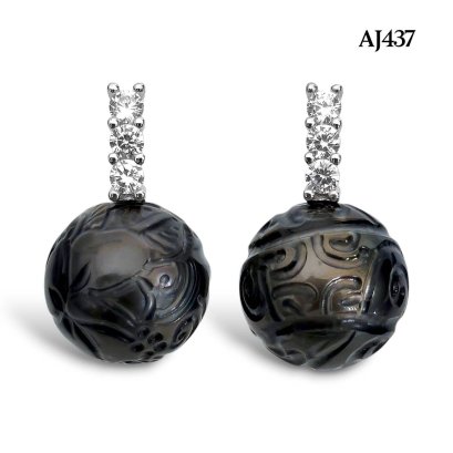 13.0 mm and 13.1 mm, Tattoo Pearl, Three Stones Row Dangle Pearl Stud Earrings