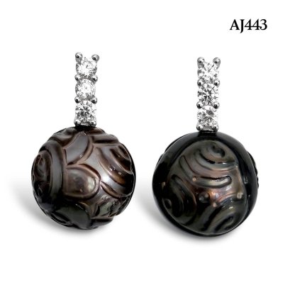 Approx. 13.0 mm, Tattoo Pearl, Tahitian Pearl, Three Stones Pearl Stud Earrings