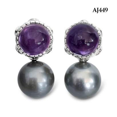 Approx. 11.0 mm, Tahitian Pearl, Amethyst Dot Pearl Stud Earrings