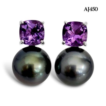 11.3 mm and 11.4 mm, Tahitian Pearl, Amethyst Dot Pearl Stud Earrings