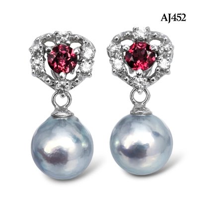 Approx. 8.0 mm, Akoya Blue Rose Pearl, Garnet Dot Halo White Topaz Dangle Pearl Stud Earrings