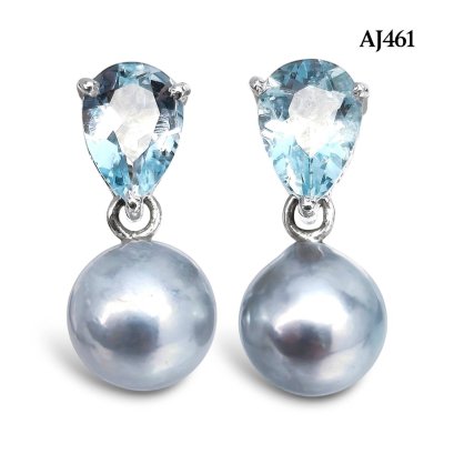 Approx. 7.0 mm up, Akoya Blue Rose Pearl, Drop Aquamarine Light Dangle Pearl Stud Earrings