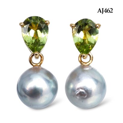 Approx. 7.0 mm, Akoya Blue Rose Pearl, Drop Peridot Dangle Pearl Stud Earrings