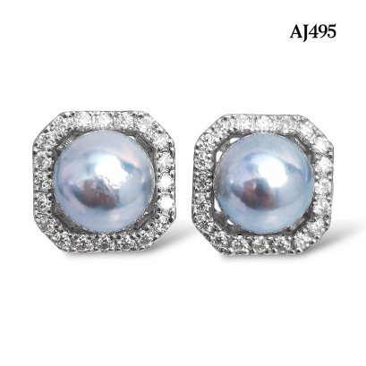 Approx. 7.0 - 7.5 mm, Akoya Blue Rose, Pearl Stud Earrings with Octagon Halo Moissanite Paved Jacket
