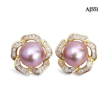 Approx. 11.0 -12.0  mm, Edison Pearl, Solitaire Pearl Flower Halo CZ Stud Earrings