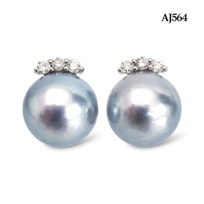 Approx. 7.0 mm, Akoya Blue Rose Pearl, Triple Diamond Bar Solitaire Pearl Stud Earrings