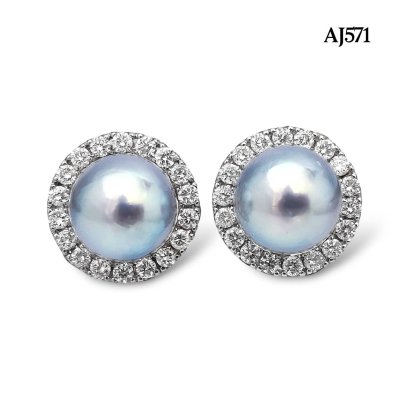 Approx. 7.0 mm, Akoya Blue Rose Pearl, Pearl Stud Earrings with Halo Jacket