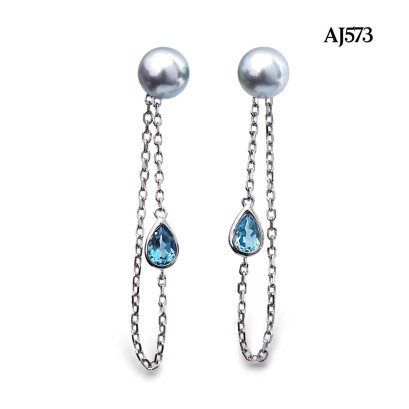 Approx. 7.0 mm up, Akoya Blue Rose Pearl, Pearl Stud Earrings with Chain Drop Shape Swiss Blue Topaz Jacket
