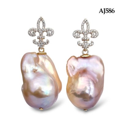 Approx. 14.0 mm, Freshwater Pearl, Fleur De Lis Dangle Pearl Stud Earrings