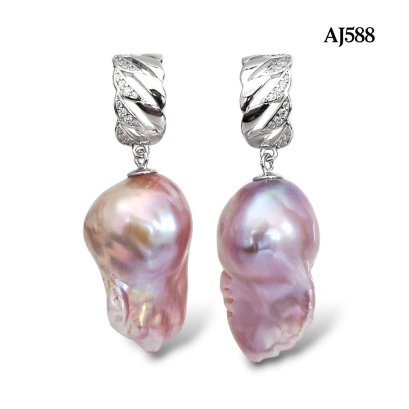 Approx. 13.0 mm, Freshwater Pearl, Stencil Sail CZ Paved Dangle Pearl Stud Earrings