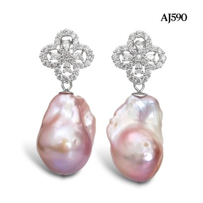 Approx. 13.0 - 14.0 mm, Freshwater Pearl, Flower CZ Paved Dangle Pearl Stud Earrings