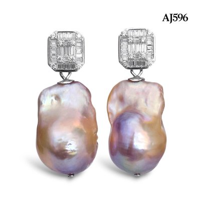 Approx. 14.0 mm, Freshwater Pearl, Octagon Baguette Shape CZ Paved Dangle Pearl Stud Earrings