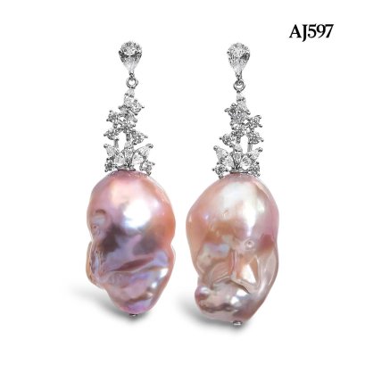 Approx. 12.0 - 14.0 mm, Freshwater Pearl, Coral Vine Dangle Pearl Stud Earrings