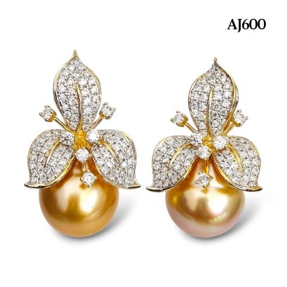 Approx. 14.0 - 15.0 mm, Gold South Sea Pearl, Lily Moissanite Paved Pearl Stud Earrings with Omega Earring Backs
