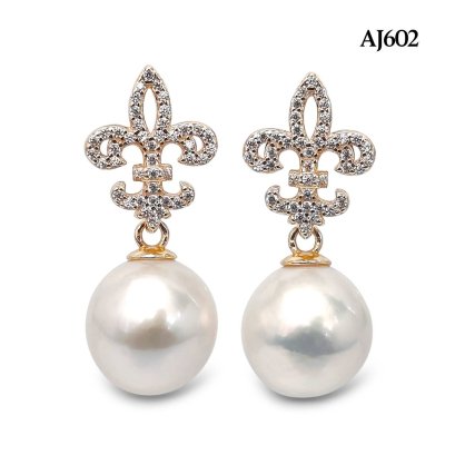10.6 mm, Edison Pearl, Fleur de lis CZ Paved Dangle Pearl Stud Earrings