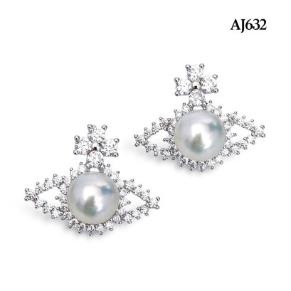 Approx. 7.5 mm up, Moonlight Lot, Akoya Pearl, Vivian CZ Paved Pearl Stud Earrings