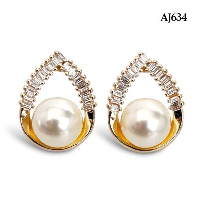 Approx. 7.9 mm, Akoya Pearl, Drop CZ Paved Pearl Stud Earrings