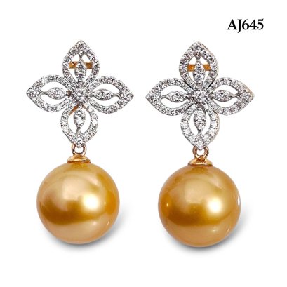 14.2 mm and 14.2 mm, Gala Gold Lot, Gold South Sea Pearl, Flower Diamond Paved Dangle Pearl Stud Earrings