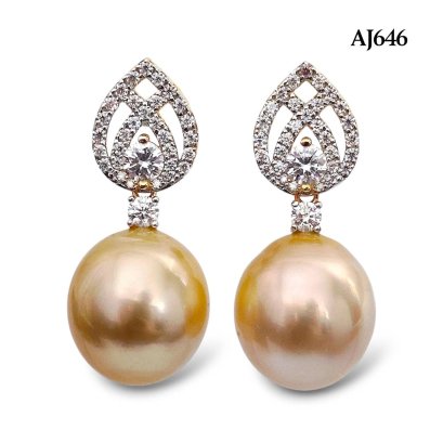 14.0 mm and 14.1 mm, Gold South Sea Pearl, Royal Lotus Moissanite Paved Dangle Pearl Stud Earrings