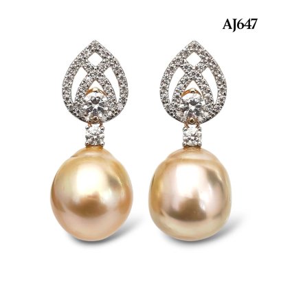 13.1 mm and 13.1 mm, Gold South Sea Pearl, Royal Lotus Dangle Pearl Stud Earrings