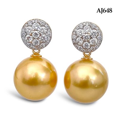 14.4 mm and 14.6 mm, Gold South Sea Pearl, Coin Flower Diamond Dangle Pearl Stud Earrings