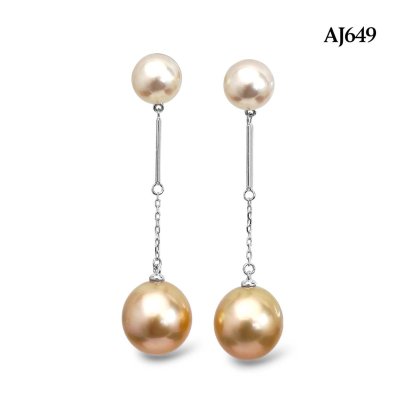 Approx. 7.0 - 11.0 mm, Akoya Pearl and Gold South Sea Pearl, Pearl Stud Earrings Dangle Bar & Chain Pearl