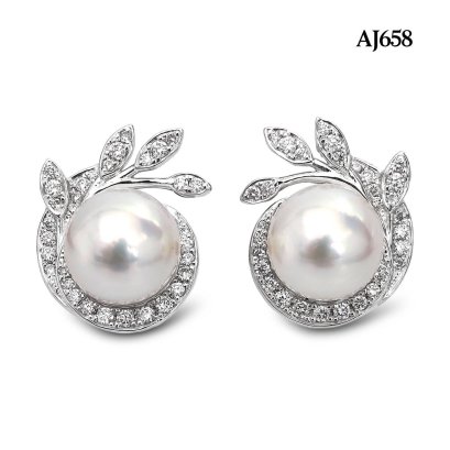 9.6 mm and 9.7 mm, Akoya Pearl, Pearl Halo Botanic Diamond Paved Stud Earrings