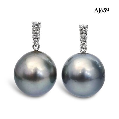 12.0 mm and 12.3 mm, Tahitian Pearl, Three Stones Diamond Row Dangle Pearl Stud Earrings