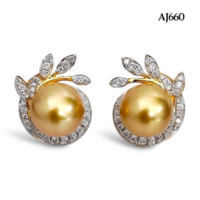 (PSL) Approx. 10.1 mm, Aurora Chakin, Gold South Sea Pearl, Pearl Leaves Halo Diamond Stud Earrings
