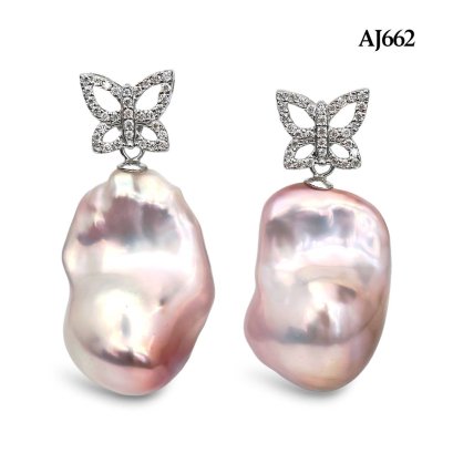 Approx. 12.0 - 13.0 mm, Freshwater Pearl, Butterfly Moissanite Paved Dangle Pearl Stud Earrings