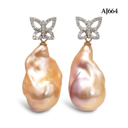 Approx. 13.0 mm, Freshwater Pearl, Butterfly Moissanite Paved Dangle Pearl Stud Earrings