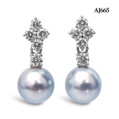(PSL) Approx. 8.3 mm, Aurora Blue Rose, Diamond Flower Dangle Pearl Stud Earrings