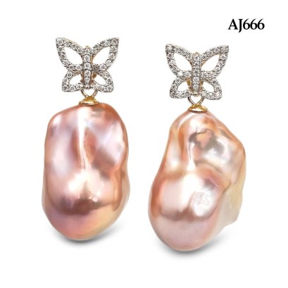 Approx. 13.0 mm, Freshwater Pearl, Butterfly Moissanite Paved Dangle Pearl Stud Earrings