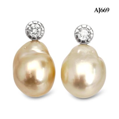 Approx. 9.0 - 11.0 mm, Gold South Sea Pearl, CZ Dot Pearl Stud Earrings
