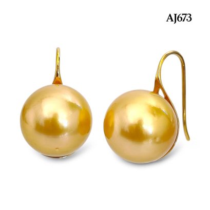 14.2 mm and 14.3 mm, Gold South Sea Pearl, Fish Hooks Pearl Earrings
