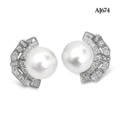 10.3 mm and 10.4 mm, White South Sea Pearl, Art Deco Diamond Pearl Stud Earrings